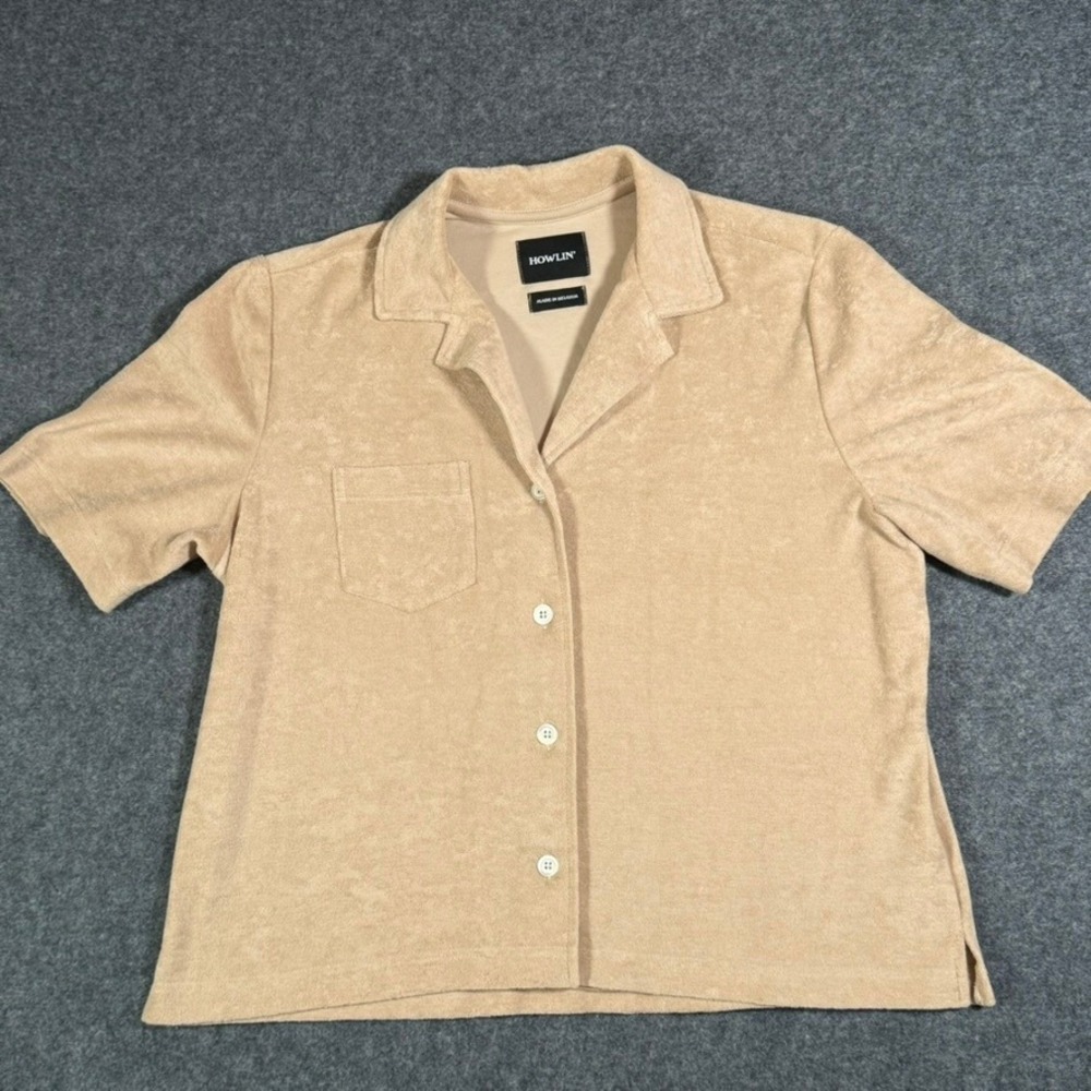 Howlin' Tan Terry Cloth Short Sleeve Camp Shirt Made in Belgium Womens Medium